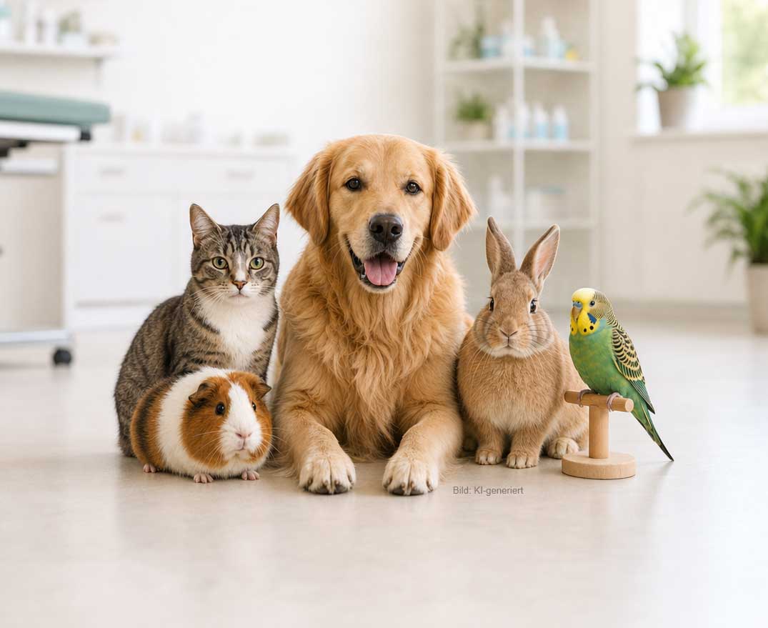 Hund Katze Meerschweinchen Hase und Wellensittich nebeneinander