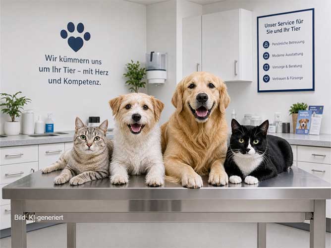 Verschiedene Haustiere gemeinsam auf einem Behandlungstisch